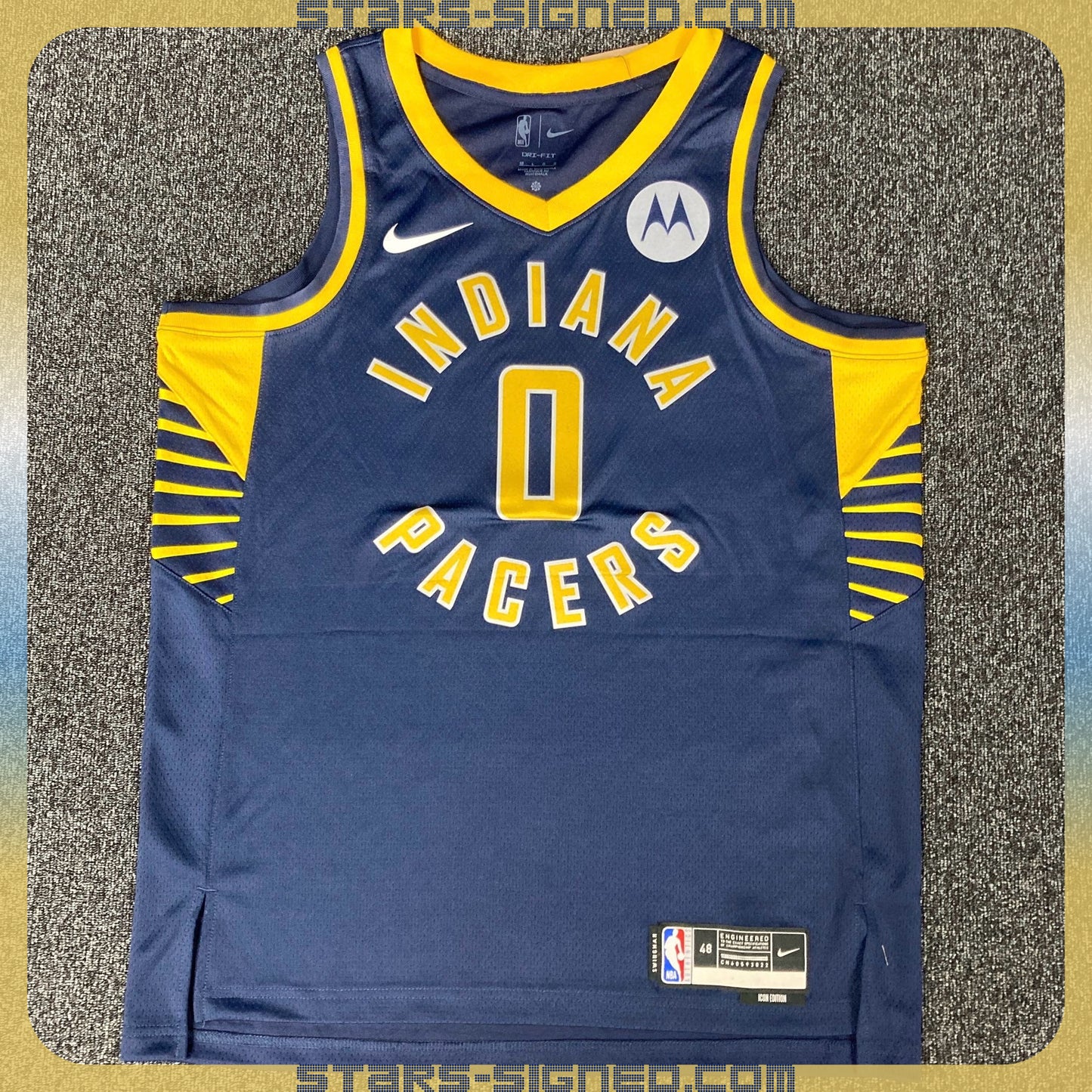 哈利貝頓 Tyrese Haliburton 題寫【Pacers, NBA All-Stars】印第安納溜馬隊 Nike Icon Edition Swingman 球衣連廣告章(背簽)