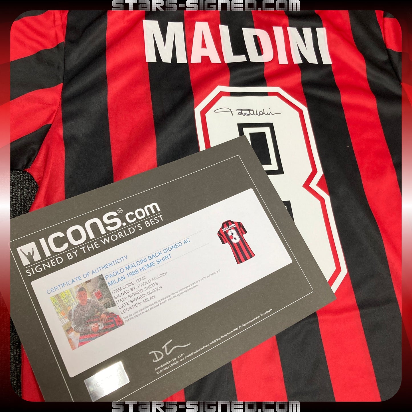 保羅·馬甸尼 Paolo Maldini AC米蘭主場球衣裱框 (背簽)