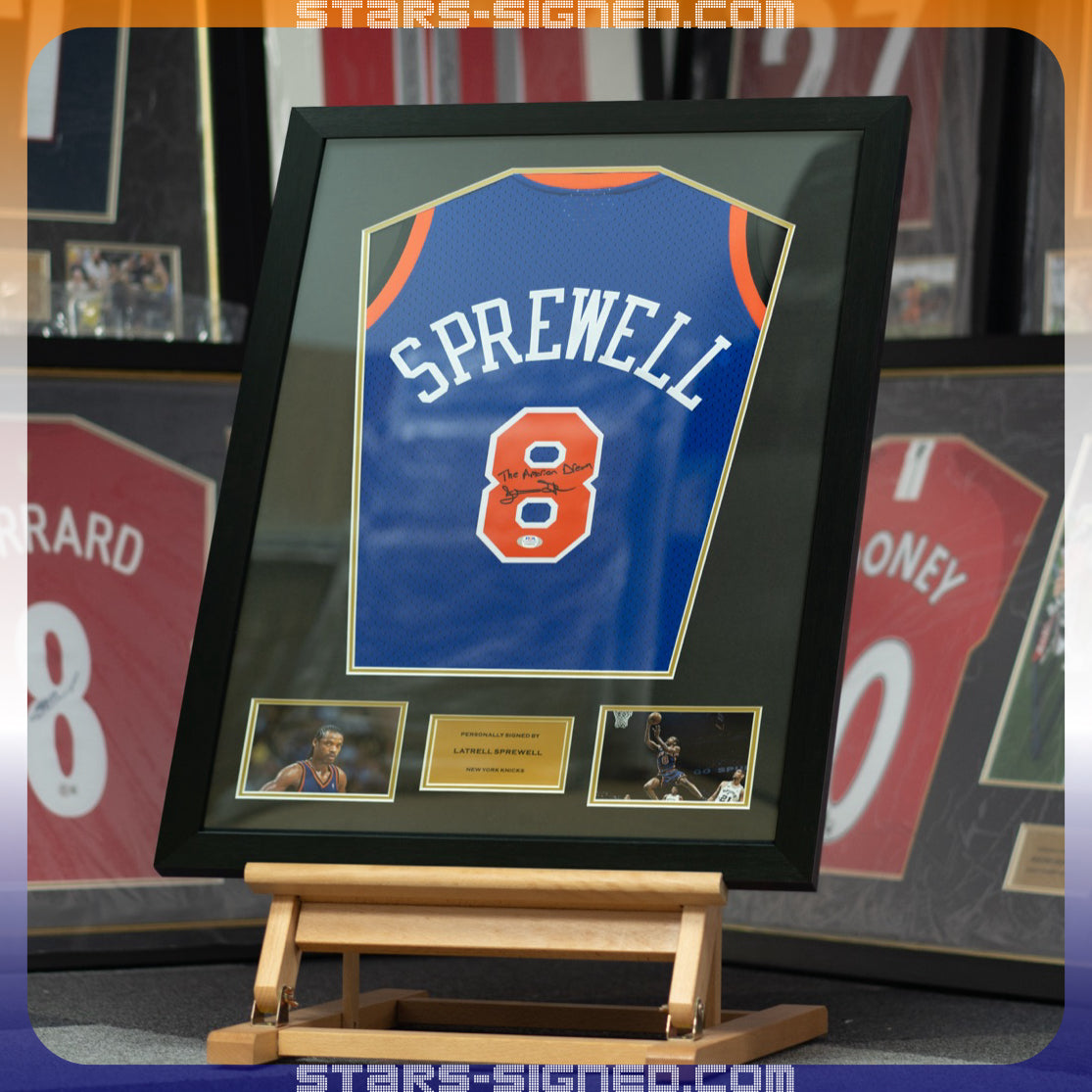 史比威爾 Latrell Sprewell 題寫【The American Dream】紐約人隊 M&N Swingman 球衣裱框(背簽)
