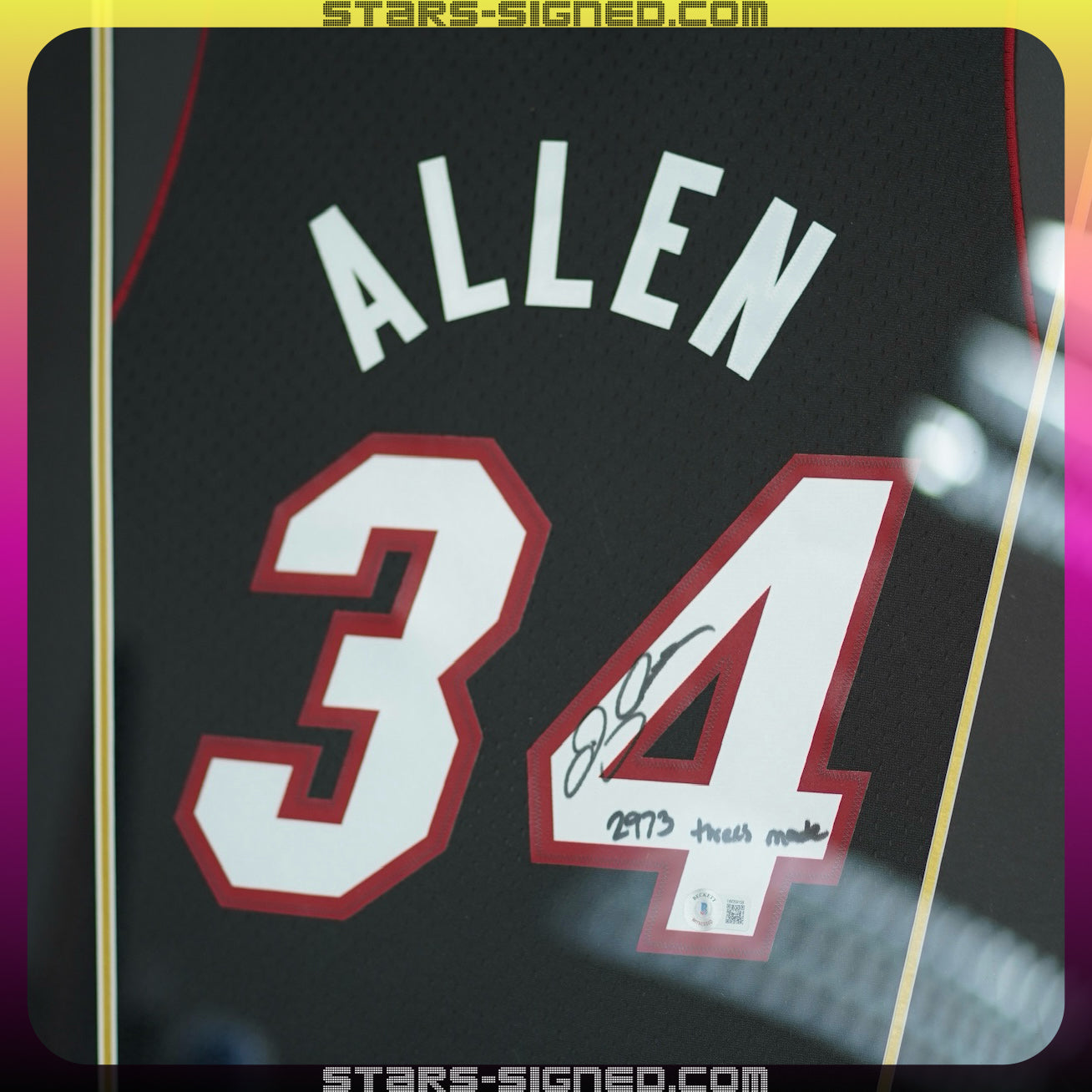 雷·阿倫 Ray Allen 題寫【2973 Threes Made】(2973記三分球) 邁亞密熱火隊 M&N Swingman 球衣裱框(背簽)
