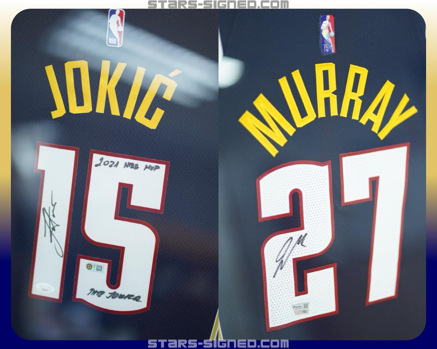 祖傑 Nikola Jokić 題寫【2021 NBA MVP, THE JOKER】丹佛金塊隊 Nike Icon Edition Swingman 球衣、梅利 Jamal Murray 丹佛金塊隊 Nike Icon Edition Authentic 球衣雙裱框(背簽)