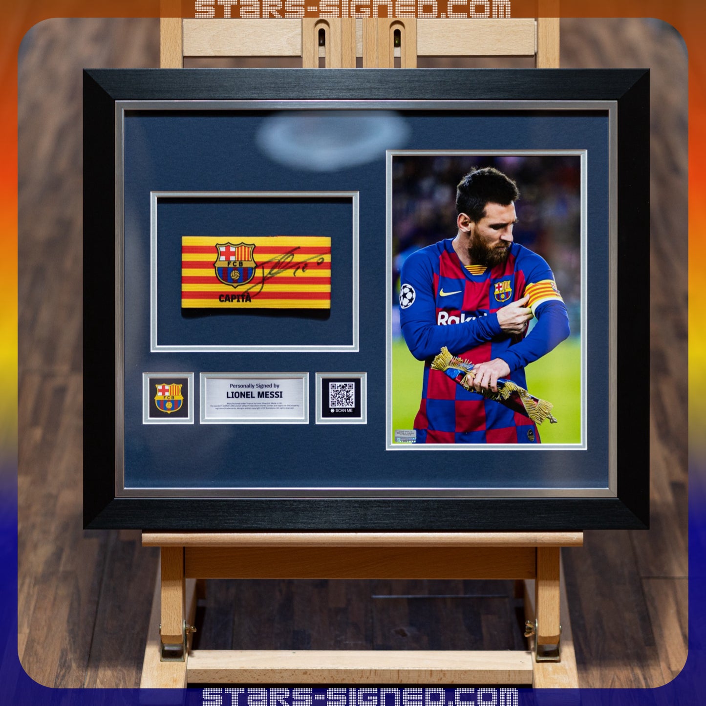 美斯 Lionel Messi 親筆簽名 巴塞隆拿隊長臂章 icons裱框