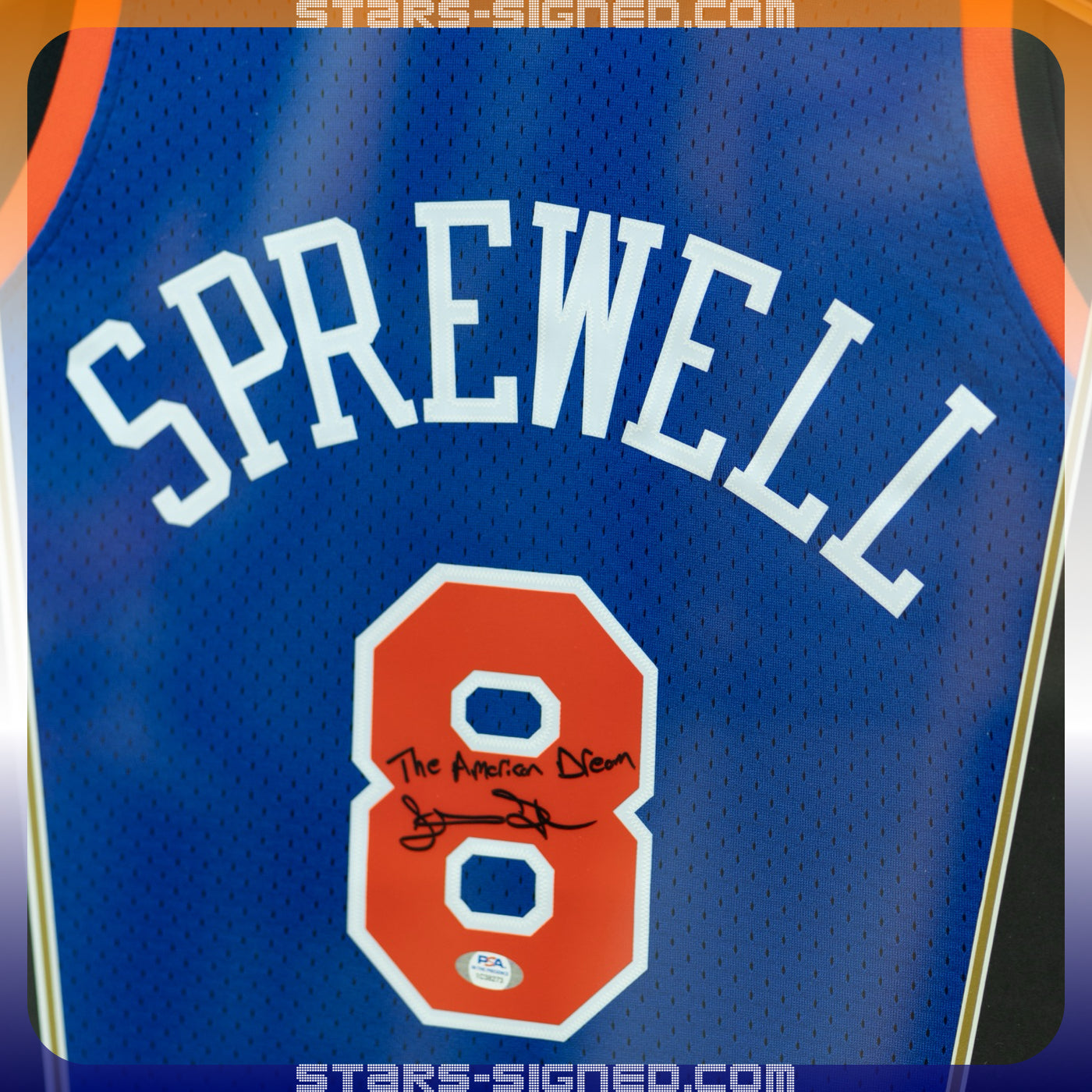 史比威爾 Latrell Sprewell 題寫【The American Dream】紐約人隊 M&N Swingman 球衣裱框(背簽)