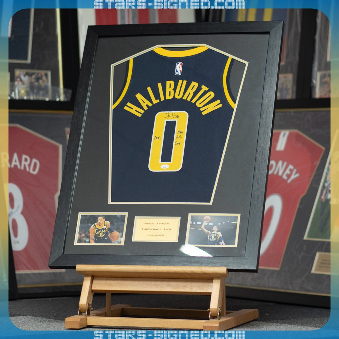 哈利貝頓 Tyrese Haliburton 題寫【Pacers, NBA All-Stars】印第安納溜馬隊 Nike Icon Edition Swingman 球衣裱框(背簽)