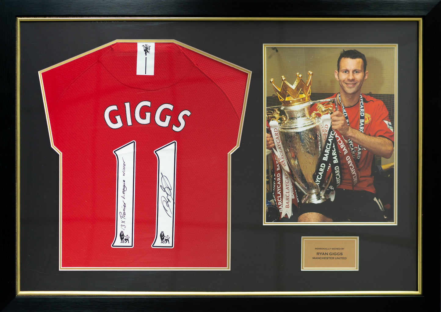 傑斯 Ryan Giggs 題寫【13 x Premier League Winner】曼聯主場球衣寛幅裱框 (背簽)
