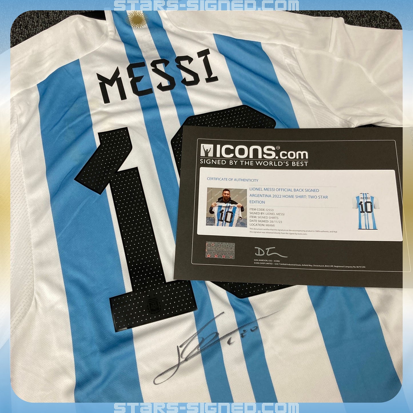 美斯 Lionel Messi 阿根廷2022兩星版本主場球衣金線條外框(背簽)