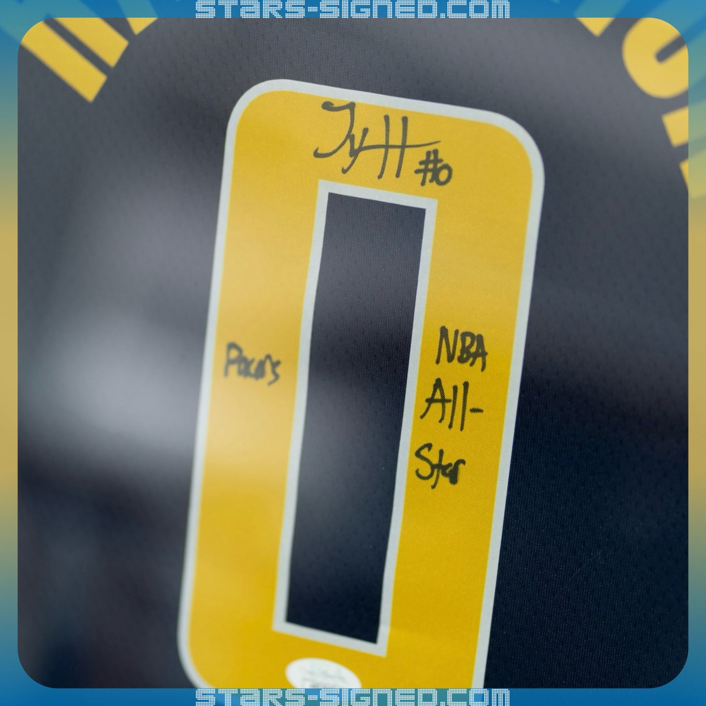 哈利貝頓 Tyrese Haliburton 題寫【Pacers, NBA All-Stars】印第安納溜馬隊 Nike Icon Edition Swingman 球衣裱框(背簽)