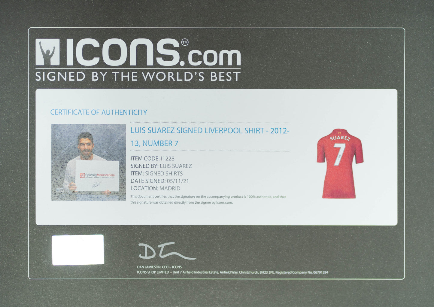 蘇亞雷斯 Luis Suarez 利物浦 主場球衣裱框 (背簽)