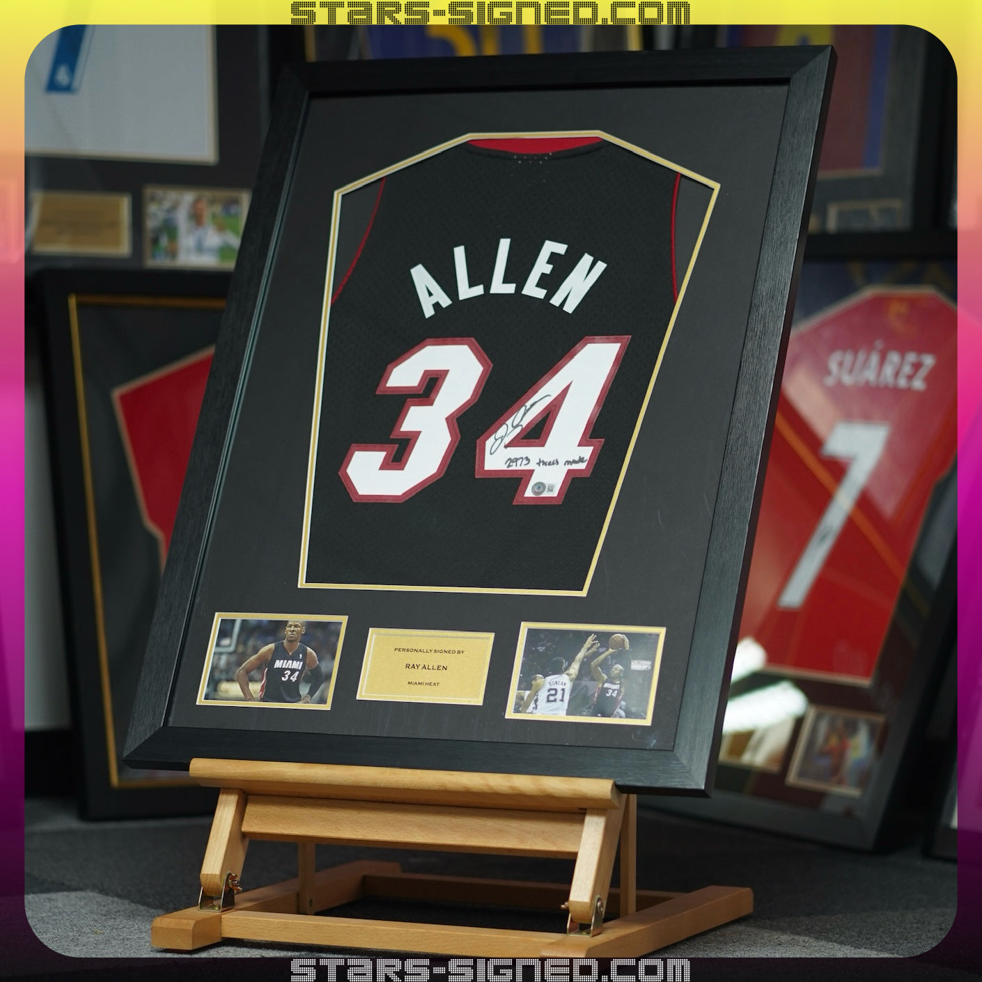 雷·阿倫 Ray Allen 題寫【2973 Threes Made】(2973記三分球) 邁亞密熱火隊 M&N Swingman 球衣裱框(背簽)