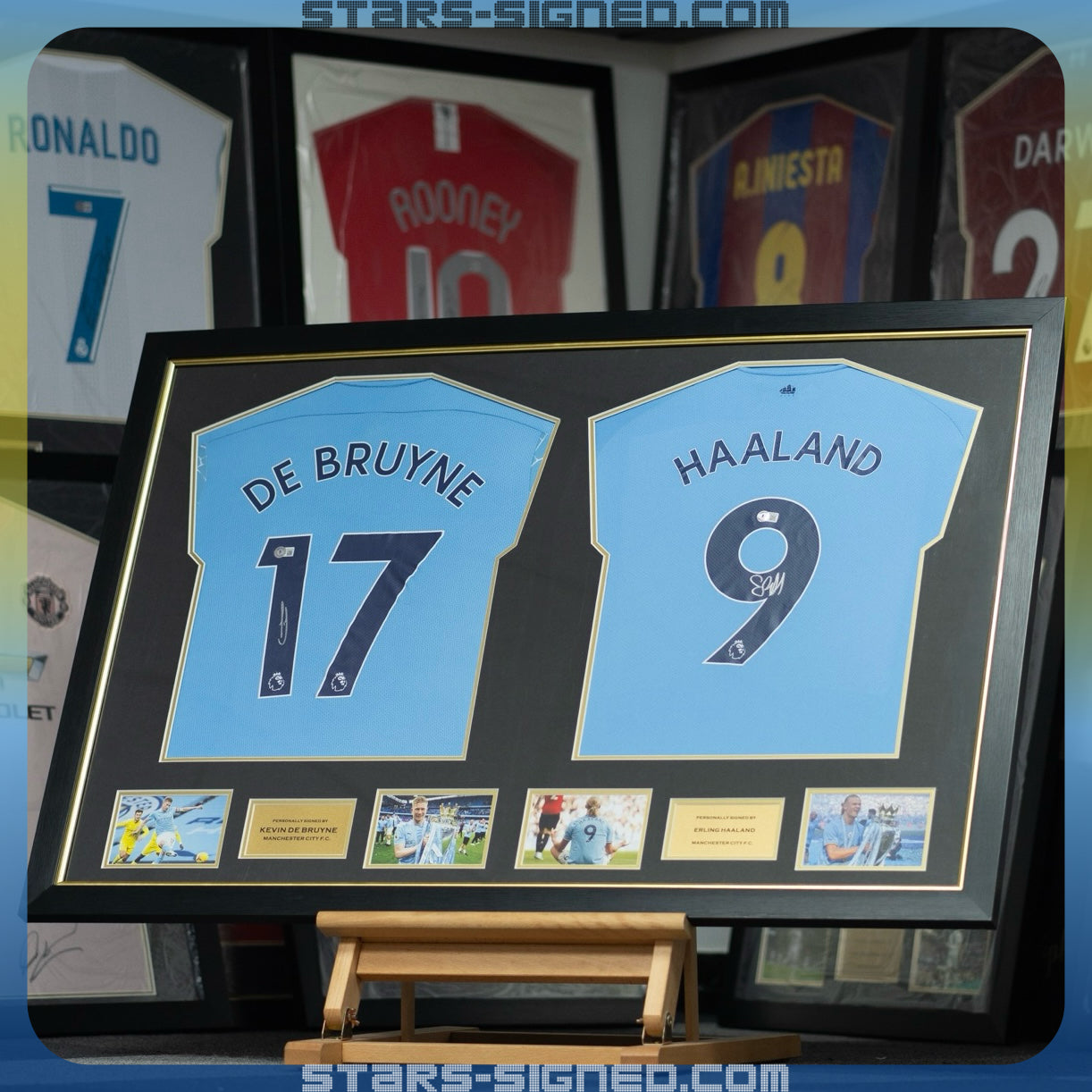 夏蘭特 Erling Haaland, 迪布尼 Kevin De Bruyne 曼城主場球衣雙裱框 (背簽)