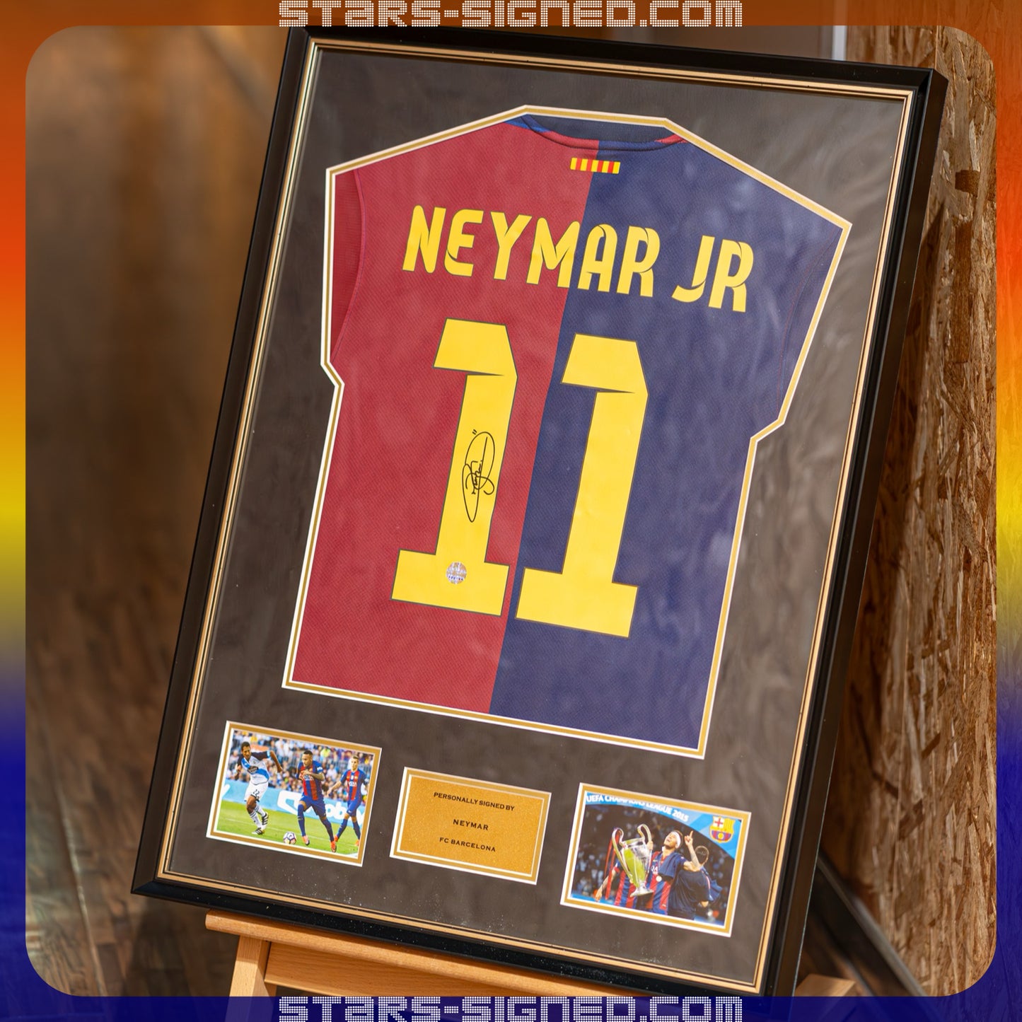尼馬 Neymar Jr. 巴塞隆拿主場球衣裱框配金線條外框(背簽)