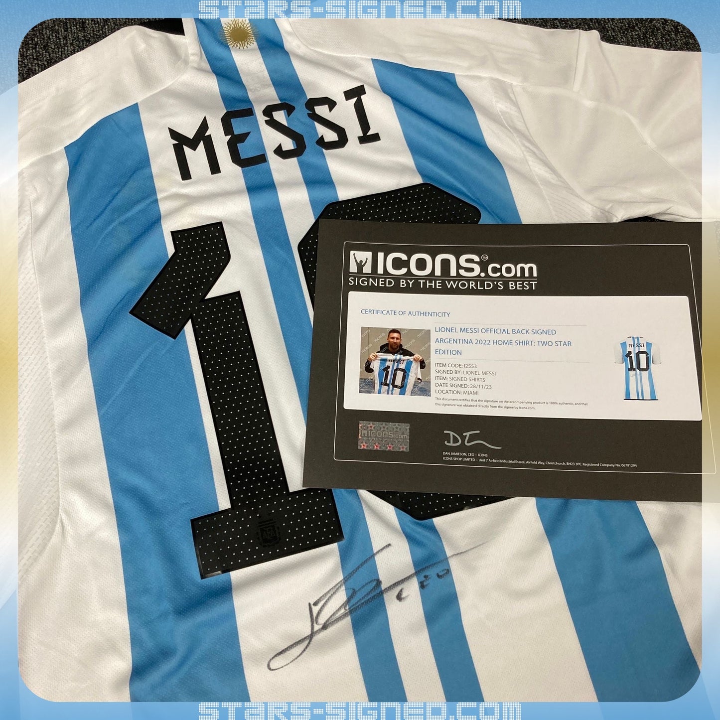 美斯 Lionel Messi 阿根廷2022兩星版本主場球衣寛幅裱框2(背簽)