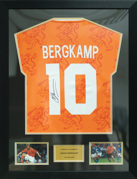 柏金 Dennis Bergkamp 荷蘭主場球衣裱框配金線條外框 (背簽)