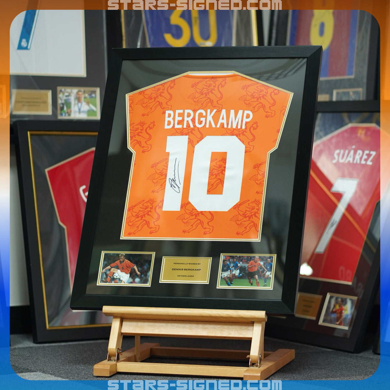 柏金 Dennis Bergkamp 荷蘭主場球衣裱框配金線條外框 (背簽)