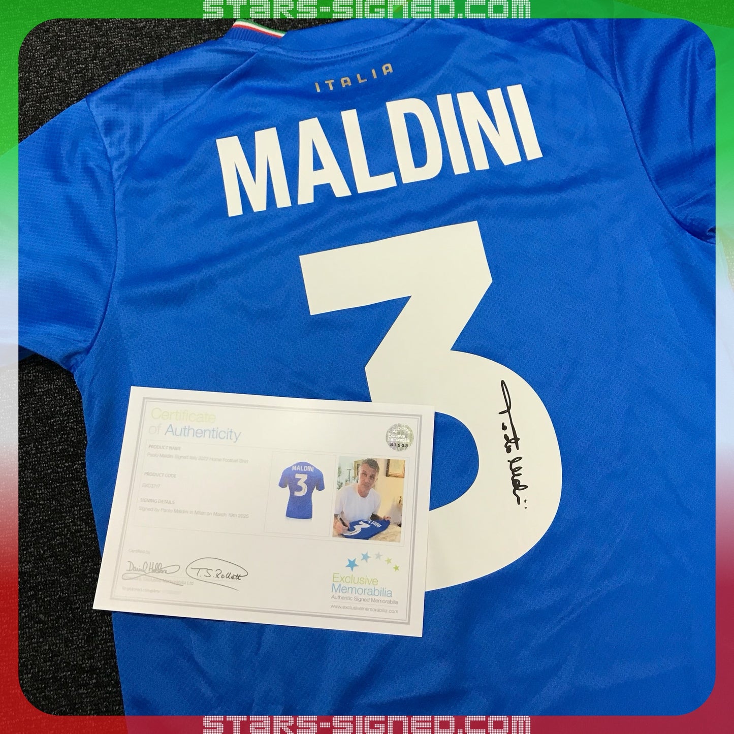 保羅·馬甸尼 Paolo Maldini 意大利主場球衣裱框配金線條外框(背簽)