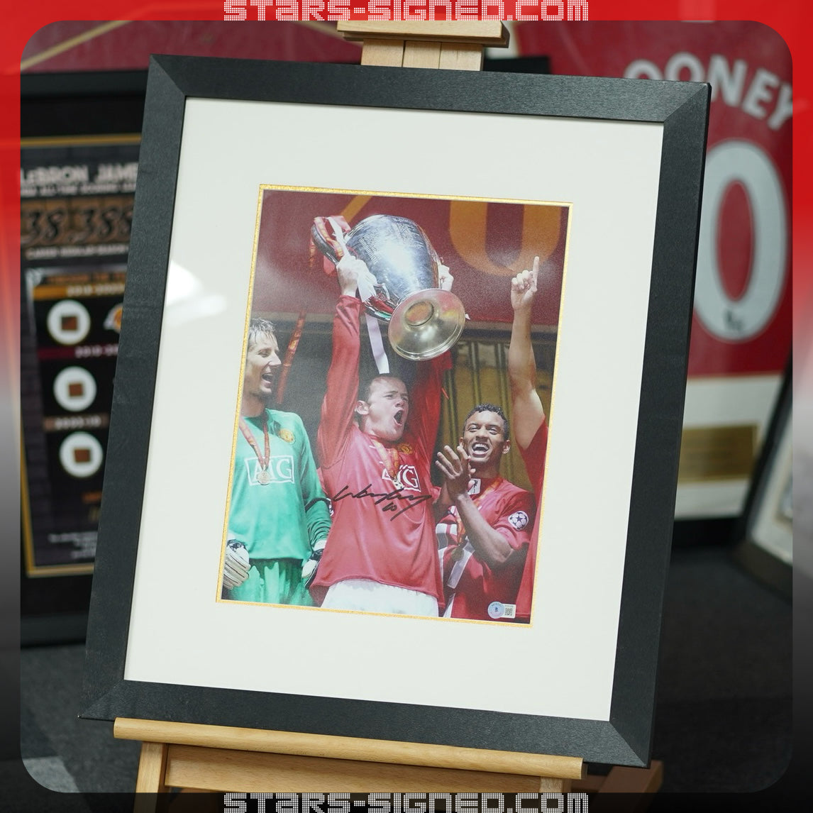 朗尼 Wayne Rooney 曼聯【2008 歐冠捧盃】親筆簽名照片裱框