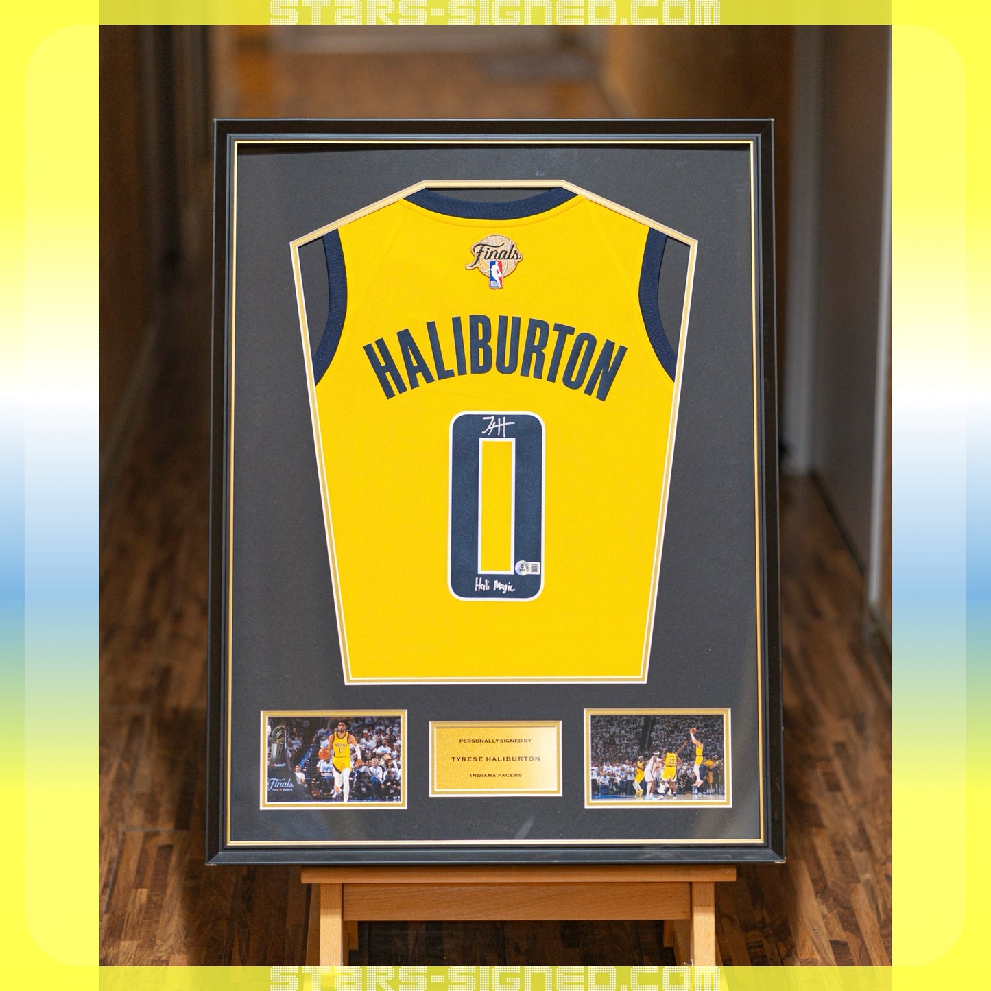 哈利貝頓 Tyrese Haliburton 題寫【Hali Magic】印第安納溜馬隊 Jordan Statement Edition Swingman 球衣連NBA Finals 背章裱框配金線條外框(背簽)