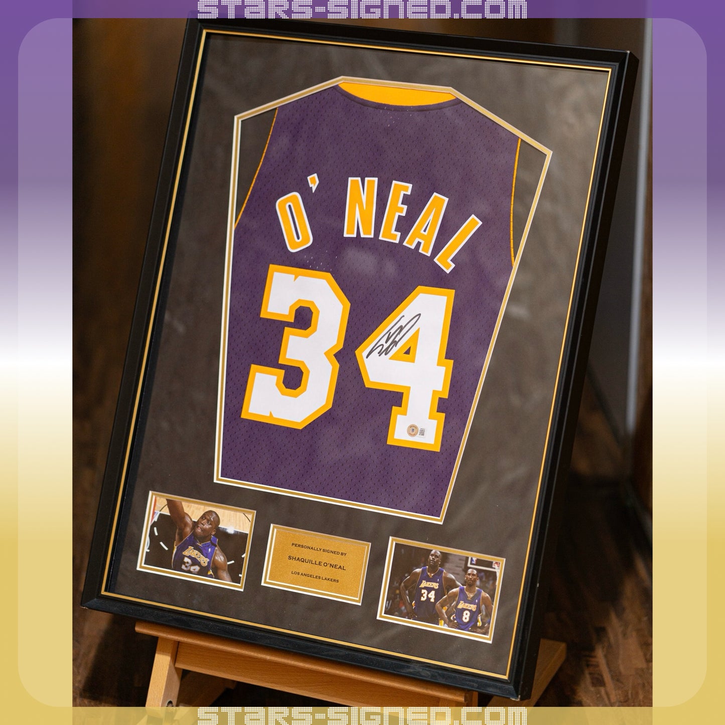 奧尼爾 Shaquille O’Neal 洛杉磯湖人隊 M&N Hardwood Classics Swingman 球衣裱框配金線條外框(背簽)
