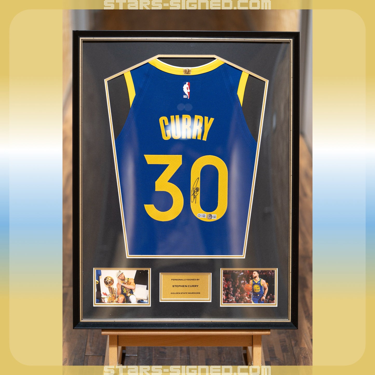史堤芬•居里 Stephen Curry 金州勇士Nike Icon Edition Authentic 球衣連廣告章裱框配金線條外框(背簽)