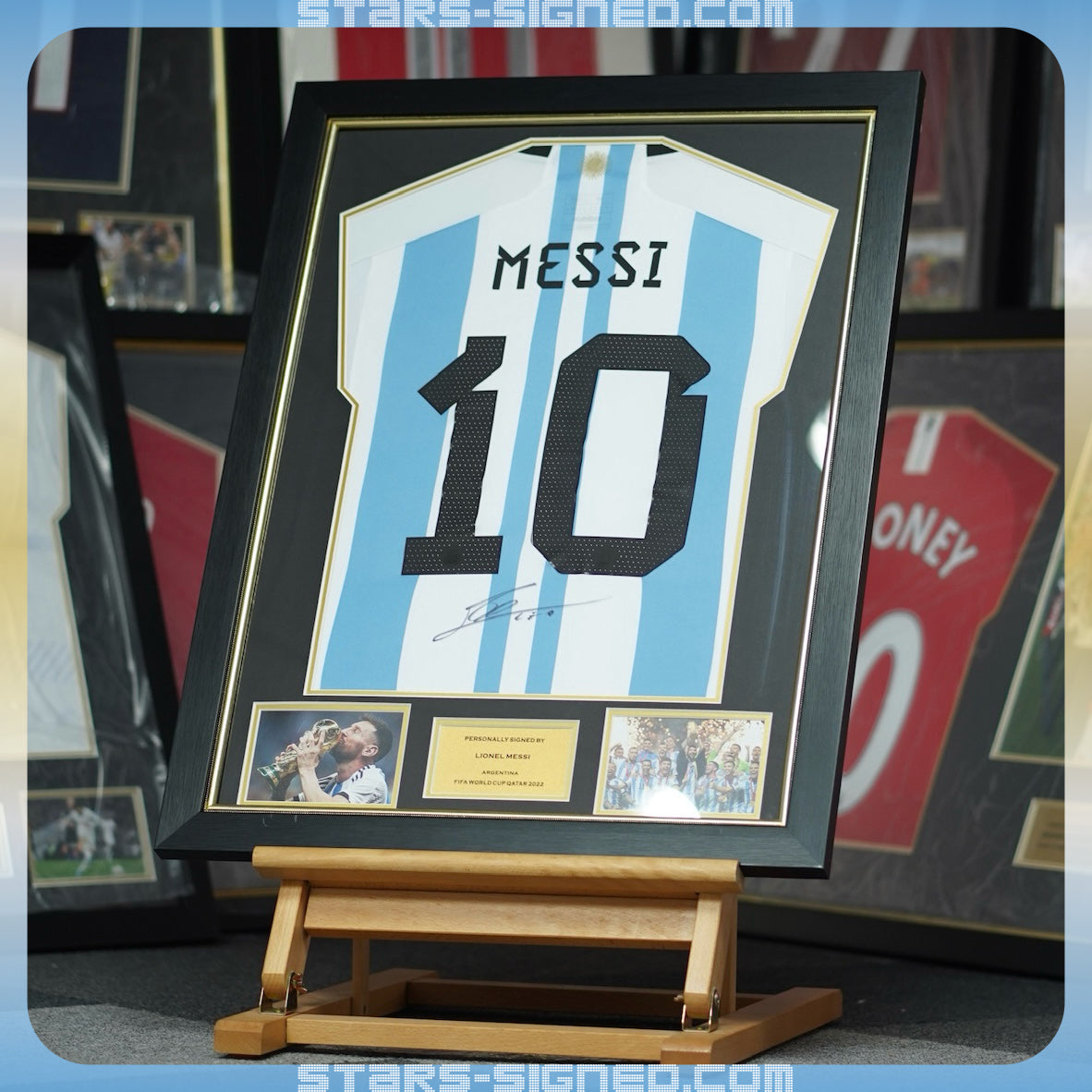 美斯 Lionel Messi 阿根廷2022兩星版本主場球衣金線條外框(背簽)