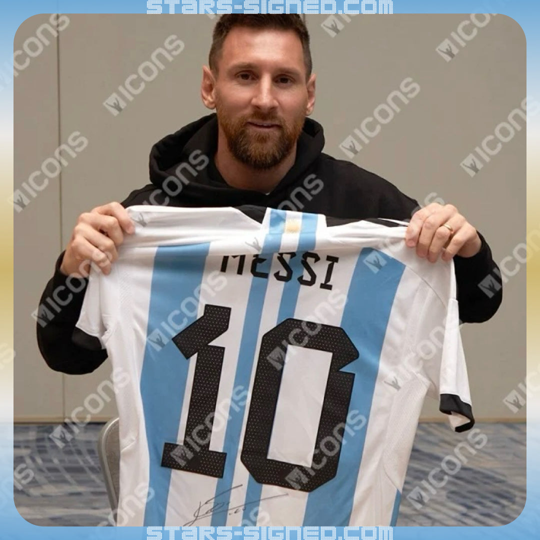 美斯 Lionel Messi 阿根廷2022兩星版本主場球衣拼畫裱框(背簽)