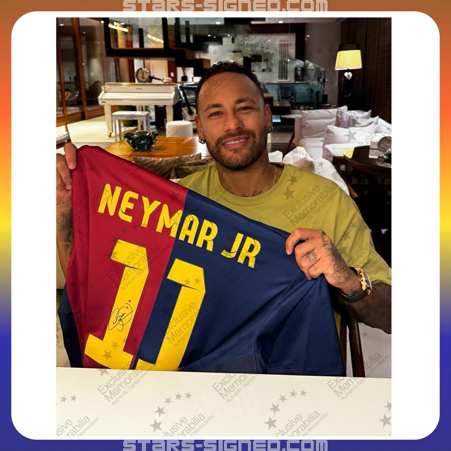 尼馬 Neymar Jr. 巴塞隆拿主場球衣裱框配金線條外框(背簽)
