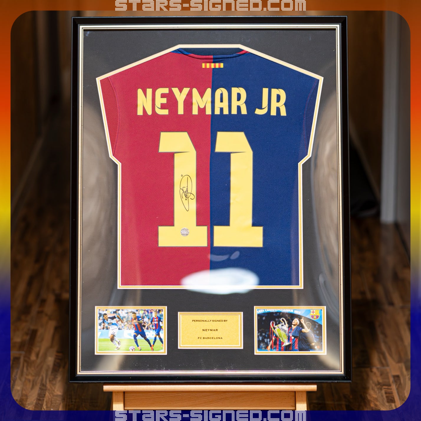 尼馬 Neymar Jr. 巴塞隆拿主場球衣裱框配金線條外框(背簽)