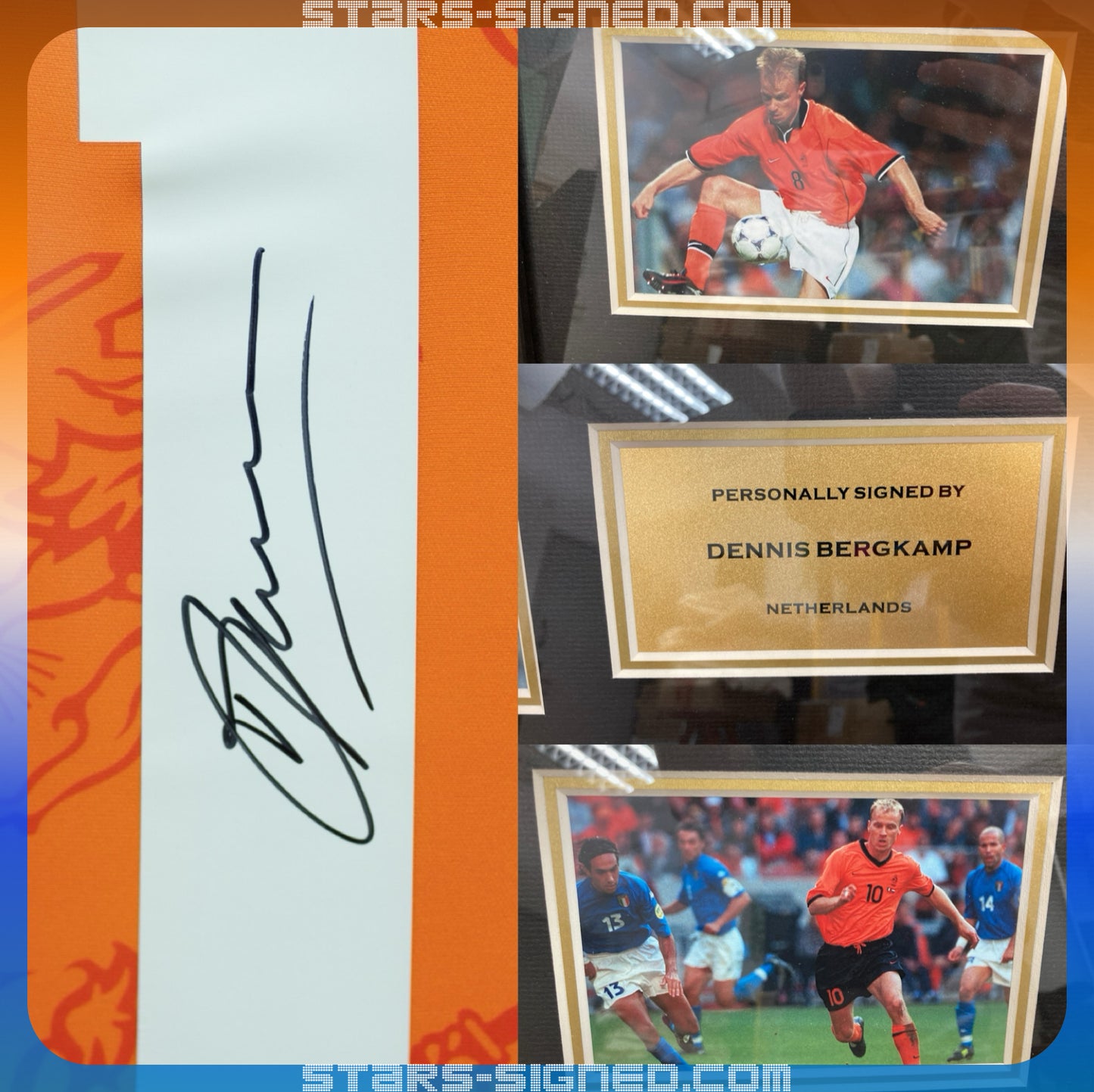 柏金 Dennis Bergkamp 荷蘭主場球衣裱框配金線條外框 (背簽)