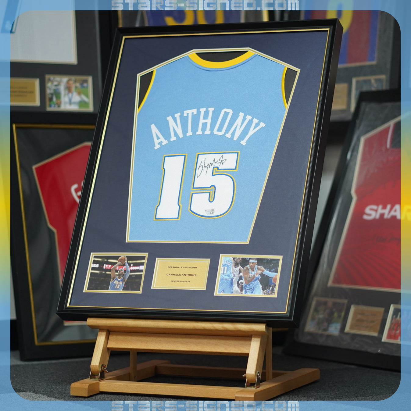 安東尼 Carmelo Anthony 丹佛金塊隊 M&N Authentic 球衣裱框配金線條外框(背簽)