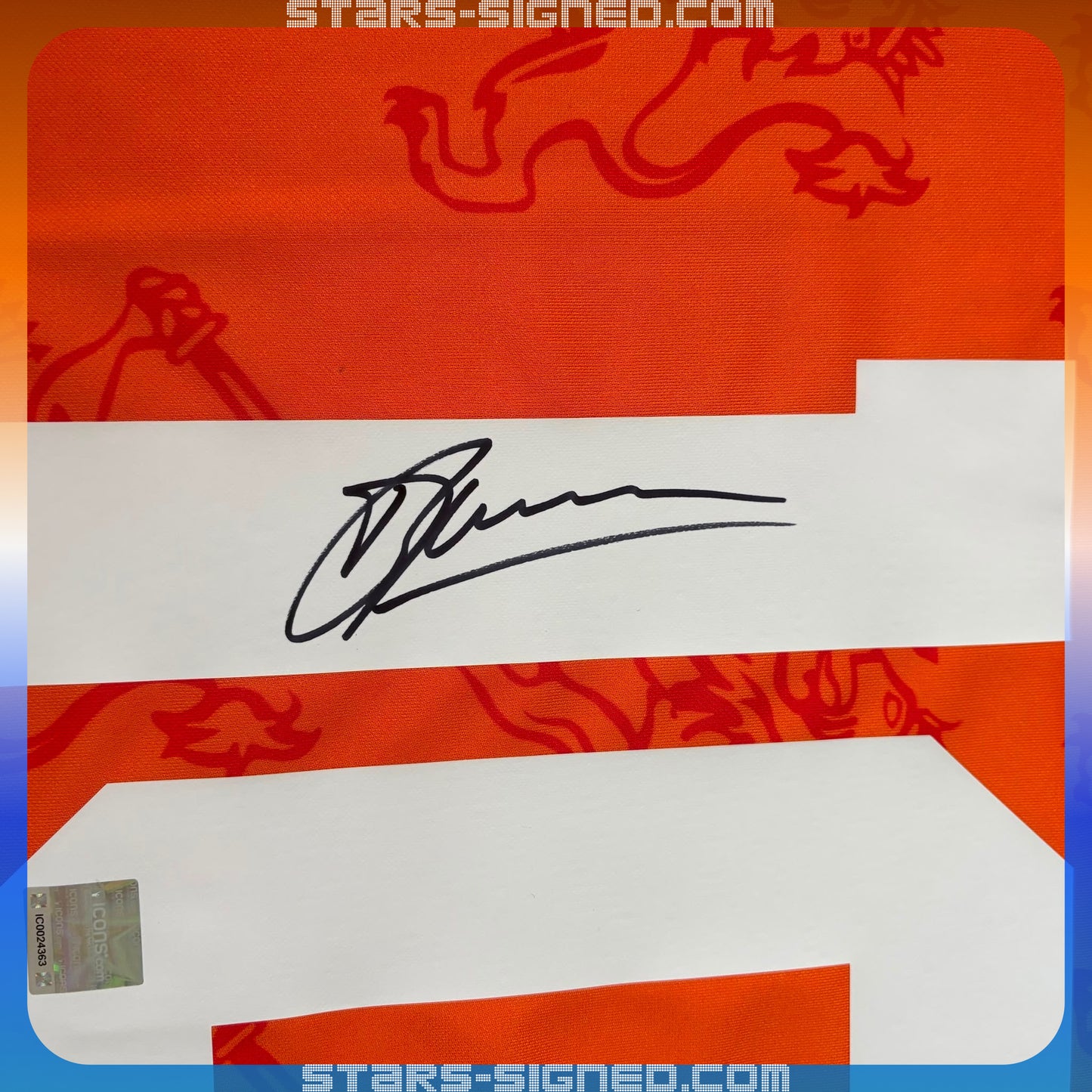 柏金 Dennis Bergkamp 荷蘭主場球衣裱框配金線條外框 (背簽)