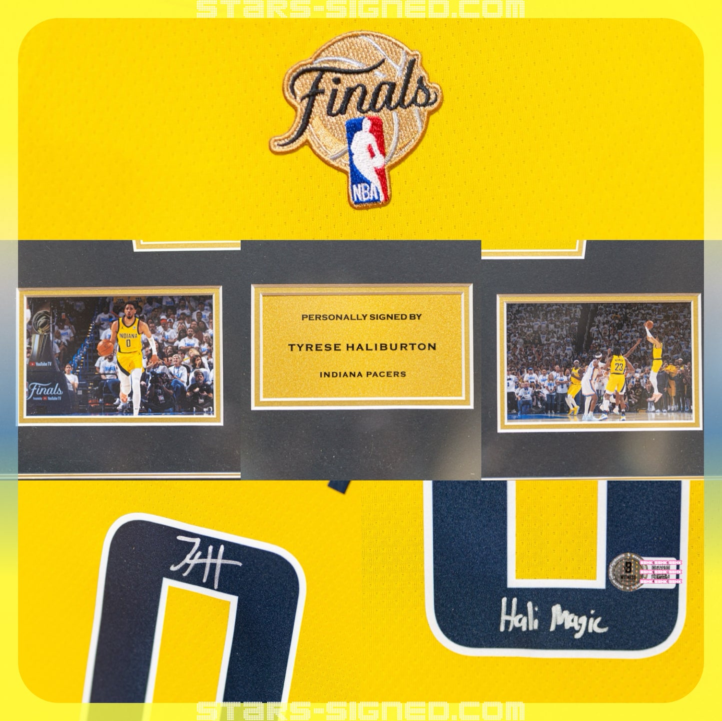 哈利貝頓 Tyrese Haliburton 題寫【Hali Magic】印第安納溜馬隊 Jordan Statement Edition Swingman 球衣連NBA Finals 背章裱框配金線條外框(背簽)