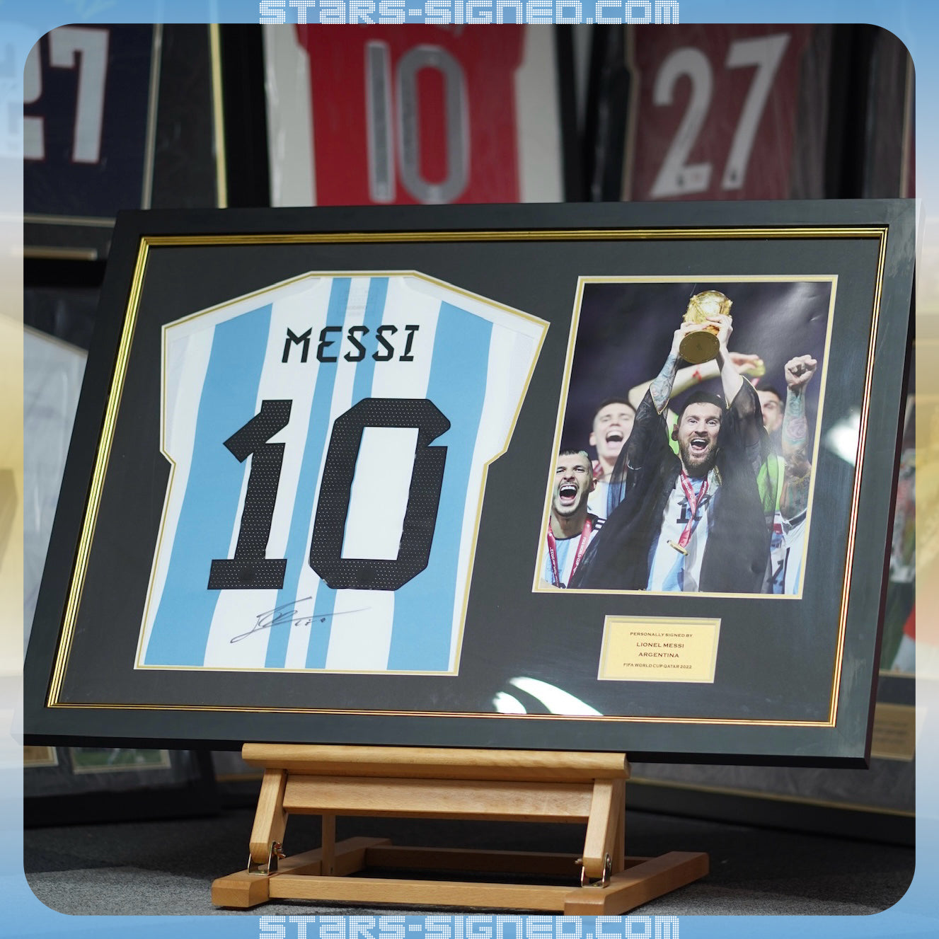 美斯 Lionel Messi 阿根廷2022兩星版本主場球衣寬幅裱框(背簽)