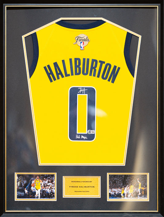 哈利貝頓 Tyrese Haliburton 題寫【Hali Magic】印第安納溜馬隊 Jordan Statement Edition Swingman 球衣連NBA Finals 背章裱框配金線條外框(背簽)