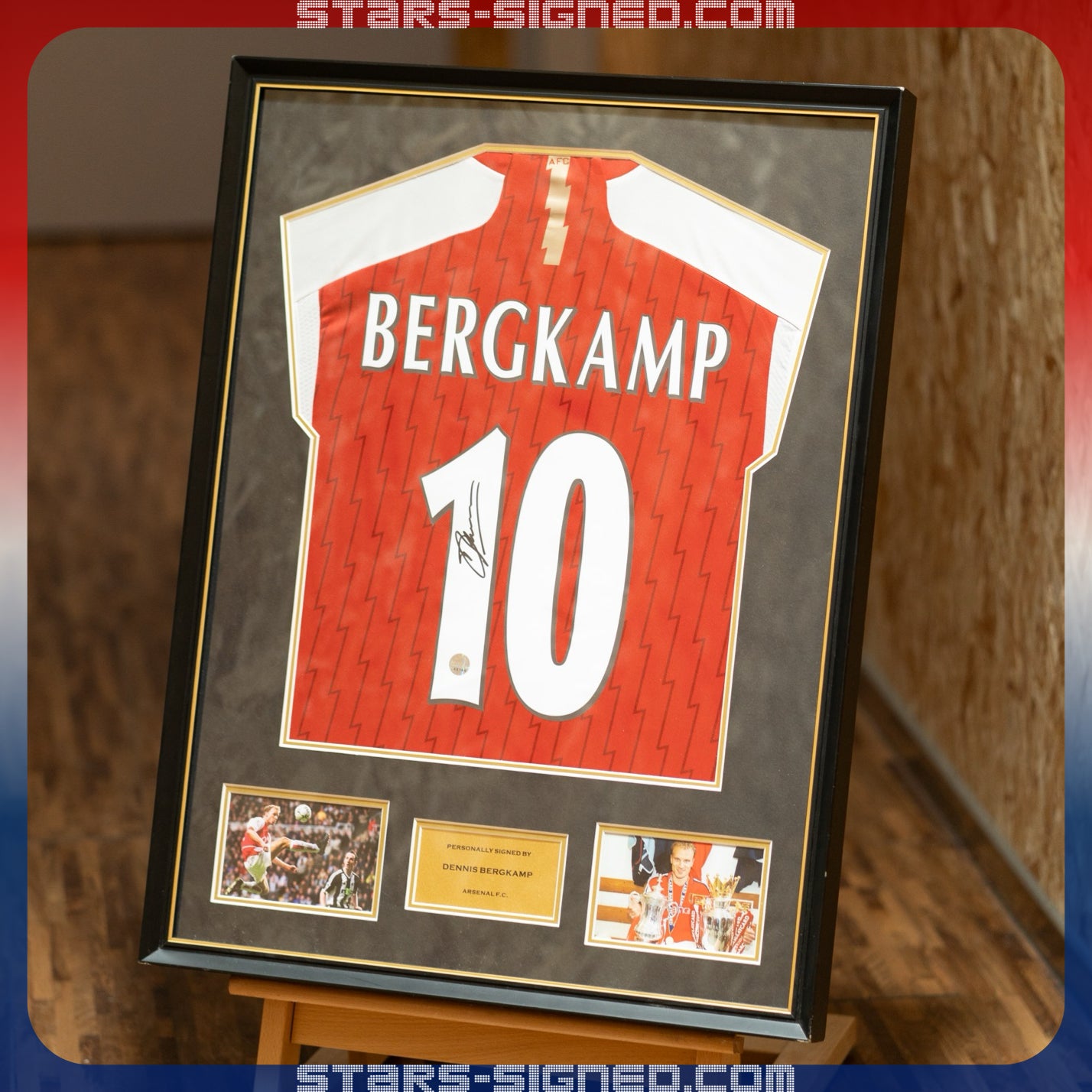 柏金 Dennis Bergkamp 阿仙奴主場球衣裱框配金線條外框 (背簽)