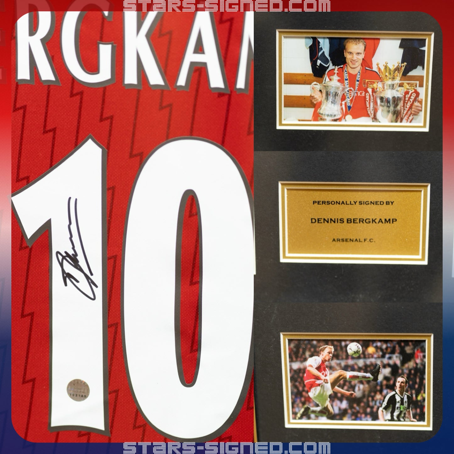 柏金 Dennis Bergkamp 阿仙奴主場球衣裱框配金線條外框 (背簽)