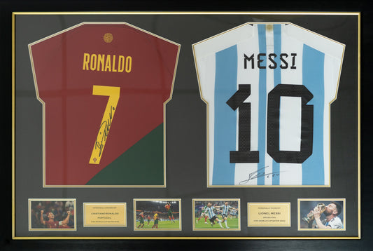 C·朗拿度 Cristiano Ronaldo 葡萄牙主場球衣, 美斯 Lionel Messi 阿根廷主場球衣兩星版本雙裱框 (背簽)